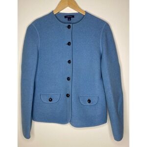 Lands End Blue Wool Button Front Cardigan Jacket Women Size 4 Pockets Collarless